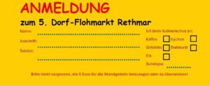 Anmeldeformular für den 5. Dorfflohmarkt in Rethmar mit Feldern für Name, Adresse, Telefon und einer Checkliste für kulinarische Beiträge.