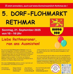Plakat für den 5. Dorfflohmarkt in Rethmar, der am 21. September 2025 von 10 bis 16 Uhr stattfindet, mit Veranstaltungshinweisen, Anmeldeinformationen und bunten Luftballons.