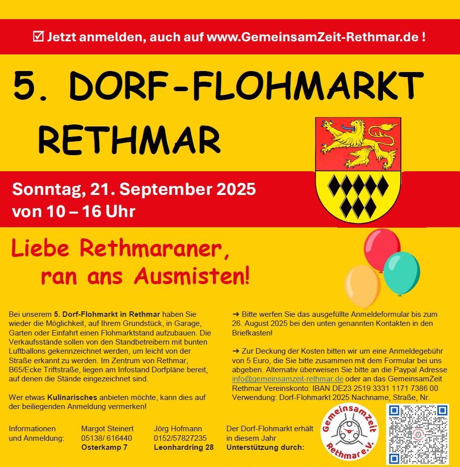 Flyer_Dorfflohmarkt_Teaserbild_Vorderseite_Internet Plakat für den 5. Dorfflohmarkt in Rethmar, der am 21. September 2025 von 10 bis 16 Uhr stattfindet, mit Veranstaltungshinweisen, Anmeldeinformationen und bunten Luftballons.