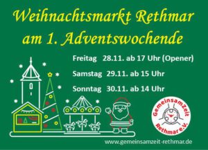 Der grüne Flyer für den Weihnachtsmarkt Rethmar hebt die Veranstaltungen hervor und enthält Daten und Uhrzeiten für den Weihnachtsmarkt: 28.–30. November sowie Symbole einer Kirche, von Bäumen, des Weihnachtsmanns und des Veranstaltungslogos.