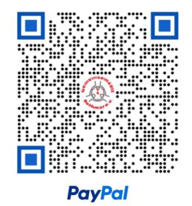 QR-Code mit blauen Ecken oberhalb des PayPal-Logos. In der Mitte befindet sich ein kreisförmiges rot-schwarzes Logo mit deutschem Text, einem Smiley und einem Hauch von Veranstaltungs-Flair.