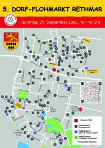 Karte des 5. Dorfflohmarkts in Rethmar mit den Standorten der Anbieter, den wichtigsten Punkten und den Annehmlichkeiten. Veranstaltungstermin ist der 21. September 2025, von 10:00 bis 16:00 Uhr.