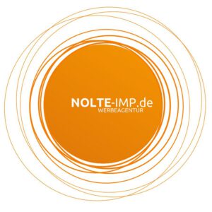 Orangefarbener Kreis mit mehreren umrandeten Ringen und dem Text "NOLTE-IMP.de WERBEAGENTUR" in weiß, zentriert innerhalb des Kreises - ideal für Veranstaltungswerbung.