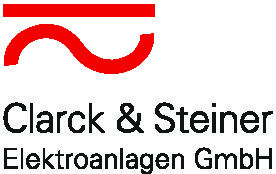 Logo für Clarck & Steiner Elektroanlagen GmbH, mit einem roten abstrakten Symbol über dem Firmennamen in schwarzer Schrift, perfekt für die Darstellung Ihrer Marke bei Veranstaltungen.