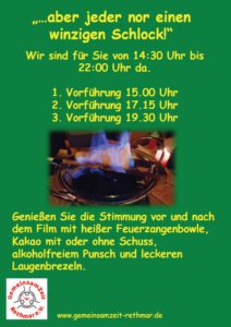Ein Werbeplakat für eine Filmveranstaltung zeigt einen flammenden Zuckerhut in einer Pfanne, die Veranstaltungszeiten und Beschreibungen der angebotenen Snacks und Getränke. Der Text ist auf Deutsch.