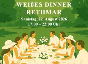 Illustration von sechs Personen in weißer Kleidung, die an einem Tisch im Freien speisen, um für das "Weiße Dinner Rethmar" zu werben, ein Highlight unter den Veranstaltungen, das am Samstag, den 22. August 2026, von 17:00 bis 22:00 Uhr stattfindet.
