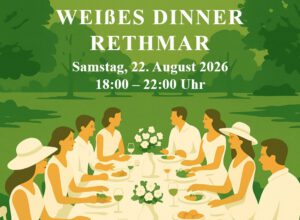 Illustration von sechs Personen in weißer Kleidung, die an einem Tisch im Freien speisen, um für das "Weiße Dinner Rethmar" zu werben, ein Highlight unter den Veranstaltungen, das am Samstag, den 22. August 2026, von 17:00 bis 22:00 Uhr stattfindet.
