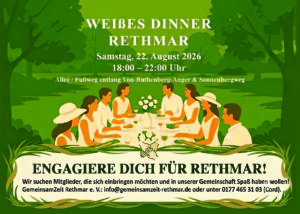 Abbildung von Menschen, die im Freien an einem langen Tisch speisen, mit Veranstaltungsdetails zum „Weißen Dinner Rethmar“ am 22. August 2026 und einem Aufruf zur Beteiligung der Gemeinde am unteren Rand.