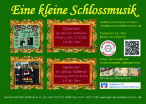 Veranstaltungsplakat auf Deutsch für „Eine kleine Schlossmusik“ mit Konzertterminen, Ticketinformationen, Fotos von den Aufführungen und Sponsorenlogos auf grün-gelbem Hintergrund.